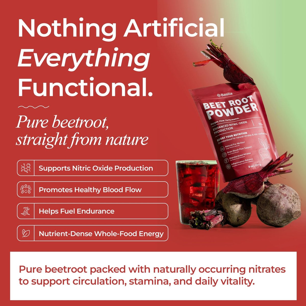 Basilia Rote Bete Pulver 227 g | Premium Non-GMO Superfood für Energie, Durchblutung & Ausdauer | Reich an Antioxidantien & Nitraten | Vegan, Glutenfrei, Nachhaltig