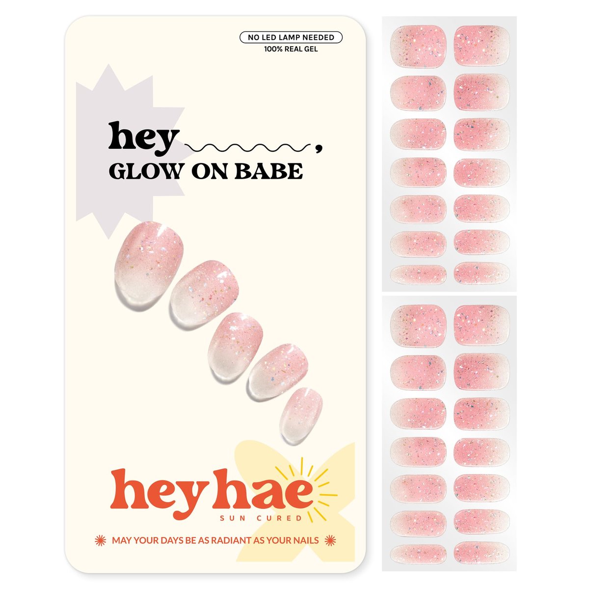 Heyhae Semi Cured Gel-Nagelstreifen – Keine LED-Lampe nötig – Pink, Glitzer – Einfach aufzutragen & zu entfernen – Salonqualität – 28 Streifen, 1 Vorbereitungspad, Nagelfeile & Holzstäbchen – Hey, Glow On Babe