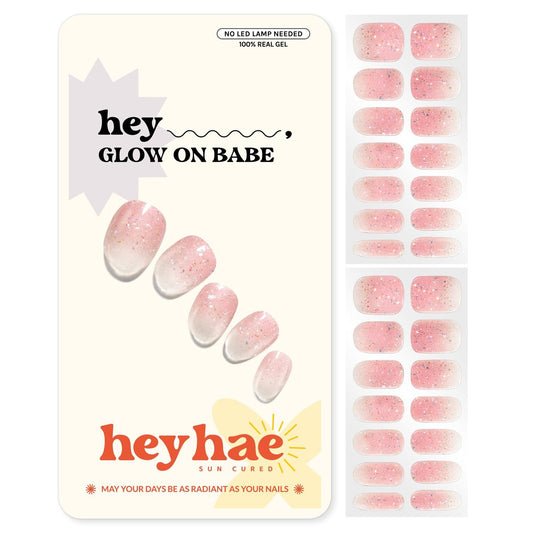 Heyhae Semi Cured Gel-Nagelstreifen – Keine LED-Lampe nötig – Pink, Glitzer – Einfach aufzutragen & zu entfernen – Salonqualität – 28 Streifen, 1 Vorbereitungspad, Nagelfeile & Holzstäbchen – Hey, Glow On Babe