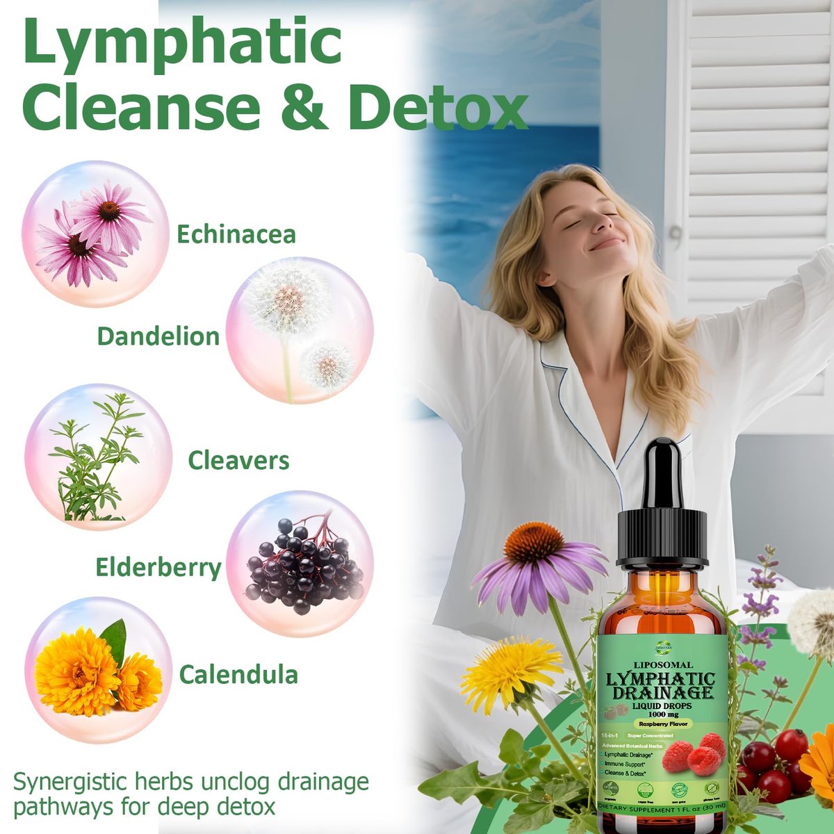Lymphatische Drainage Tropfen, 18-in-1 Kräuter-Lymphsystem-Unterstützung mit Echinacea, Holunder, Löwenzahn, Klettenwurzel, Kraut für Lymphreinigung, Entgiftung, Immununterstützung, Liposomal für maximale Absorption