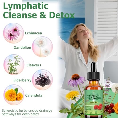 Lymphatische Drainage Tropfen, 18-in-1 Kräuter-Lymphsystem-Unterstützung mit Echinacea, Holunder, Löwenzahn, Klettenwurzel, Kraut für Lymphreinigung, Entgiftung, Immununterstützung, Liposomal für maximale Absorption