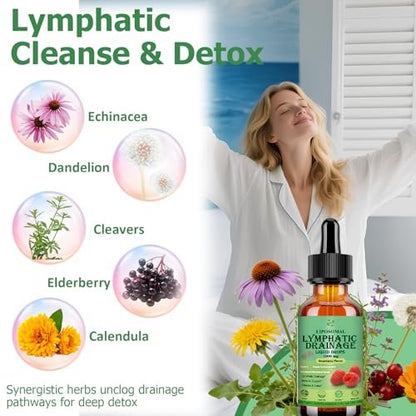 Lymphatische Drainage Tropfen, 18-in-1 Kräuter-Lymphsystem-Unterstützung mit Echinacea, Holunder, Löwenzahn, Klettenwurzel, Kraut für Lymphreinigung, Entgiftung, Immununterstützung, Liposomal für maximale Absorption