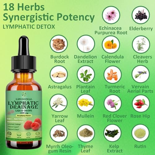 Lymphatische Drainage Tropfen, 18-in-1 Kräuter-Lymphsystem-Unterstützung mit Echinacea, Holunder, Löwenzahn, Klettenwurzel, Kraut für Lymphreinigung, Entgiftung, Immununterstützung, Liposomal für maximale Absorption