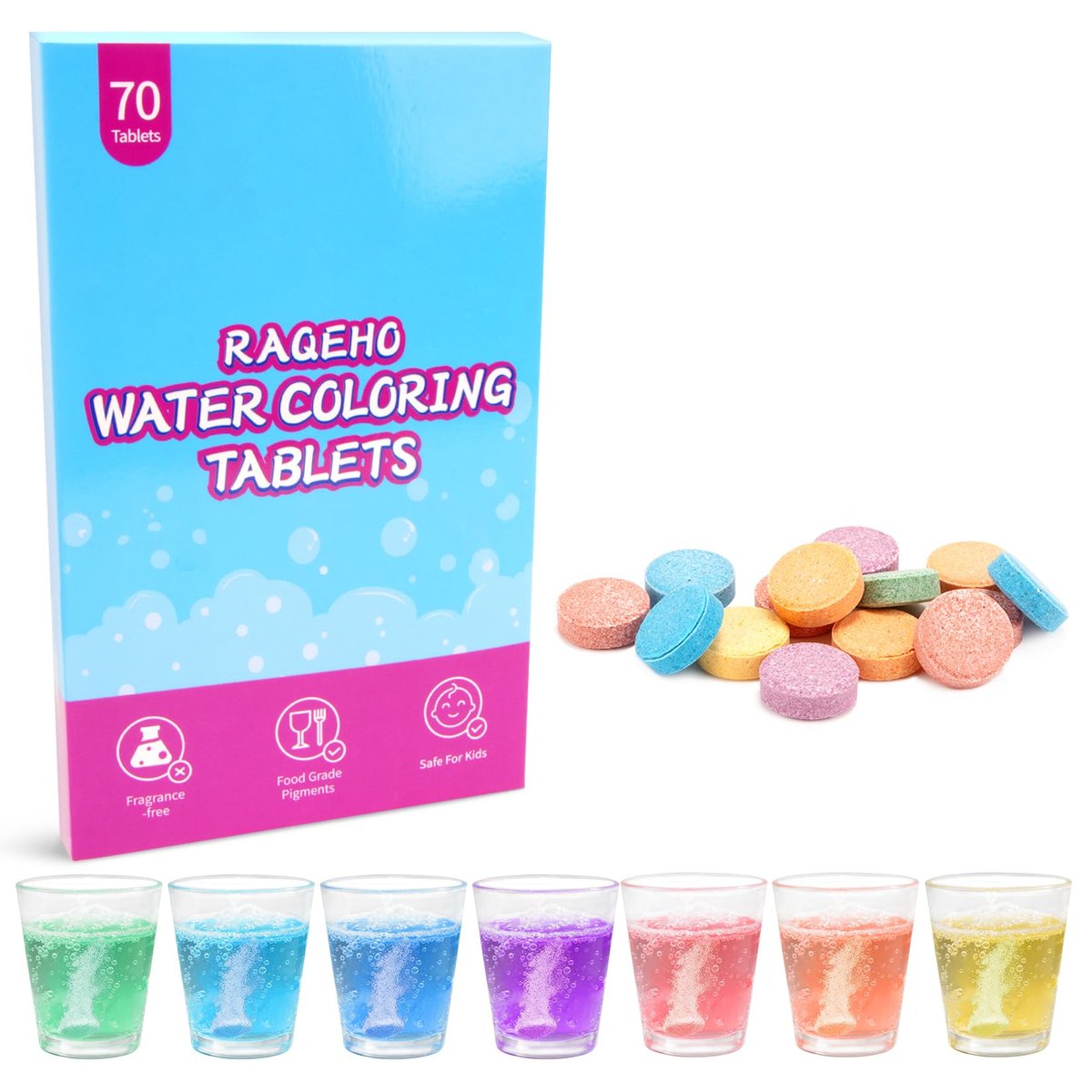 RAQEHO Bunte Bade-Tabletten, Wasserfärbende Badebomben, Sprudelnd, Duftfrei & Ungiftig, Färbende Zauber-Tabletten für Spa-Bad, Wissenschaftsexperimente, Badezubehör, 70 Stück