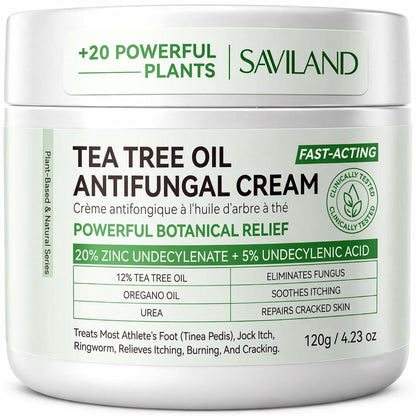 SAVILAND Antimykotische Creme FSA-HSA Max Stärke: 25% Undecylensäure Anti-Pilz-Creme für Haut- und Fußpilzbehandlung bei Athletenfuß, Juckreiz, Ringelflechte mit Teebaum- und Oreganoöl 4,23 oz