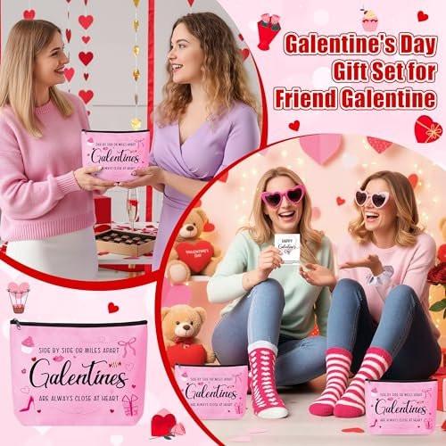 Y1tvei Galentine's Day Rosa Geschenk-Set - 36-teiliges Canvas-Kosmetiktaschen-Set mit Make-up-Taschen, Herz-Sonnenbrille, Strümpfen, Haarbändern, Armbändern, Grußkarten – Valentinstagsgeschenk für Frauen, beste Freundin, Party-Geschenke
