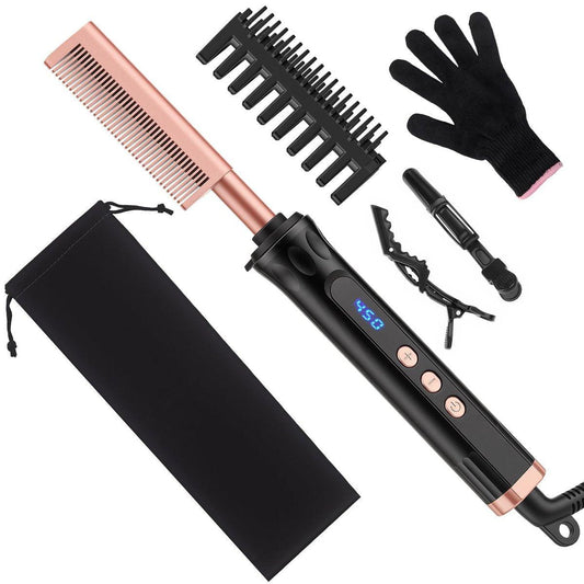 Heißer Kamm für Lace Front Wigs, Keramik-Elektroglättungskamm mit 14 Temperatureinstellungen & Auto-Off, Dual-Voltage-Reiseglättkamm-Set für schwarzes Frauenhaar