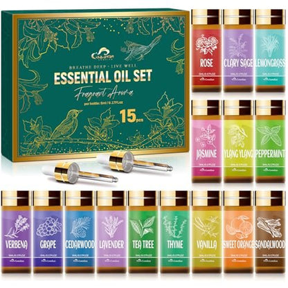 Ätherisches Öl-Set, 15 Stück Duft-Aromatherapie-Öle für Haut, Diffuser, Hauspflege, Luftbefeuchter, Wäsche, Kerzenherstellung – Teebaum, Sandelholz, Lavendel, Vanille, Pfefferminze und mehr (5 ml)