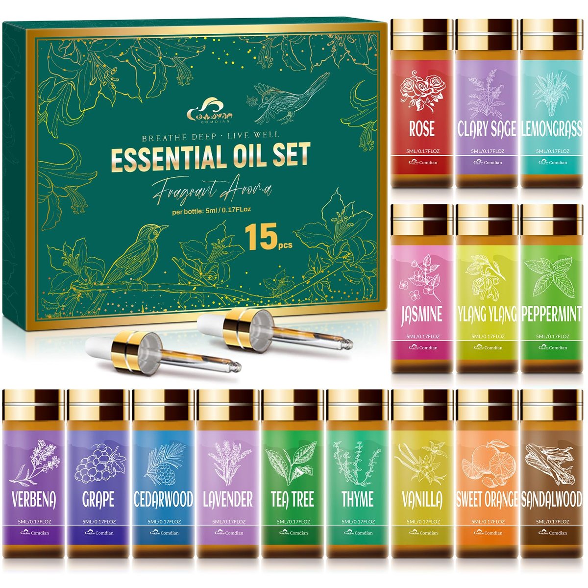 Ätherisches Öl-Set, 15 Stück Duft-Aromatherapie-Öle für Haut, Diffuser, Hauspflege, Luftbefeuchter, Wäsche, Kerzenherstellung – Teebaum, Sandelholz, Lavendel, Vanille, Pfefferminze und mehr (5 ml)