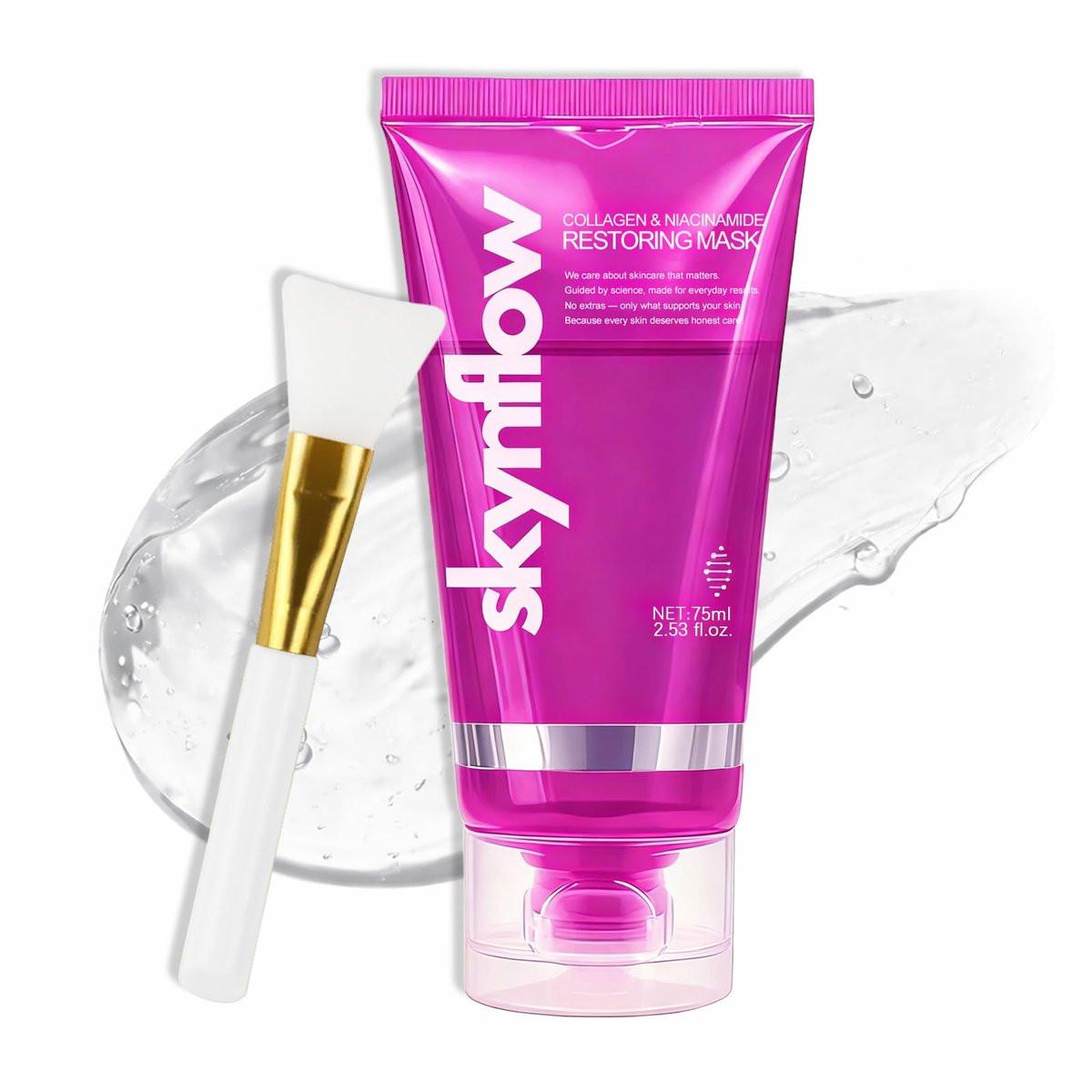 skynflow Collagen Mask – Über Nacht Niacinamide Peel Off Gesichtsmaske für Feuchtigkeit & Elastizität, Unterstützt Festigkeit & belebt müde Haut, Hydrolysiertes Kollagen für alle Hauttypen – 75 ml