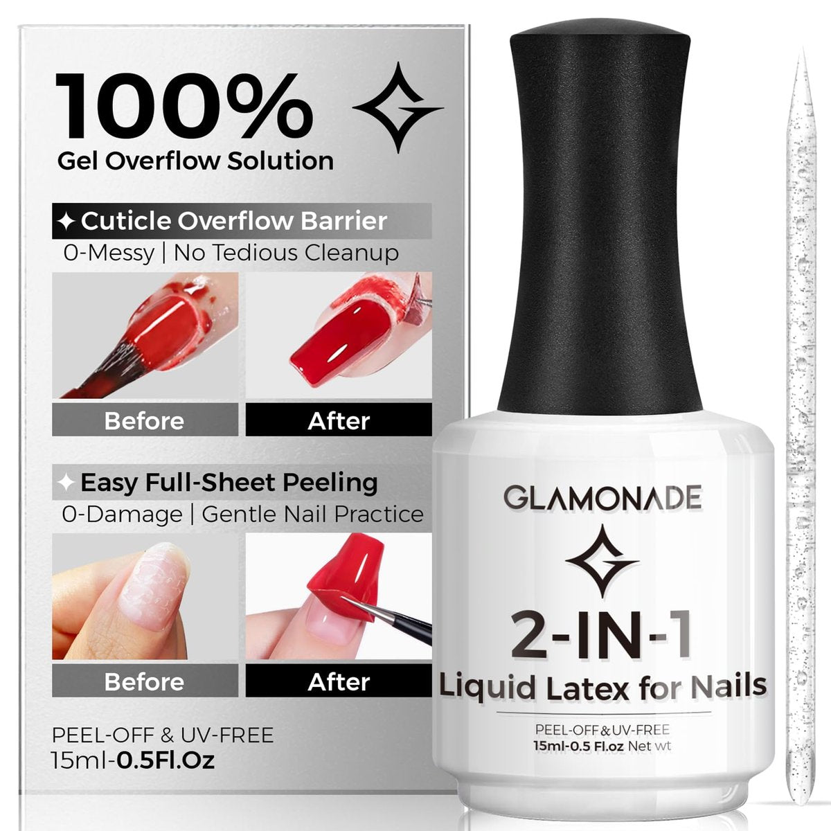 Glamonade Polish Liquid Latex für Nägel: 100% löst Gel-Überlauf, spart Reinigungszeit - Latex-Nagellack-Barriere, Abziehbarer Schutz für einfaches Üben, Perfekt für Anfänger
