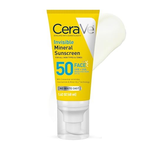 CeraVe Unsichtbarer Mineralischer Sonnenschutz SPF 50, Gesichtssonnencreme für empfindliche Haut mit Zinkoxid & Titandioxid, Vitamin E + Niacinamid + Ceramide, Ölfrei, Reisegröße 1,62 oz