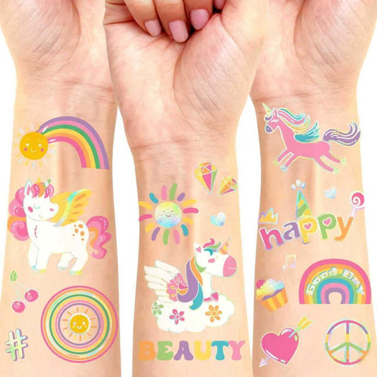 Einhorn temporäre Tattoos für Kinder – 94 Glitzer-Einhorn-Regenbogen-Aufkleber, wasserfest, 4 Bögen, Geburtstagsparty-Deko