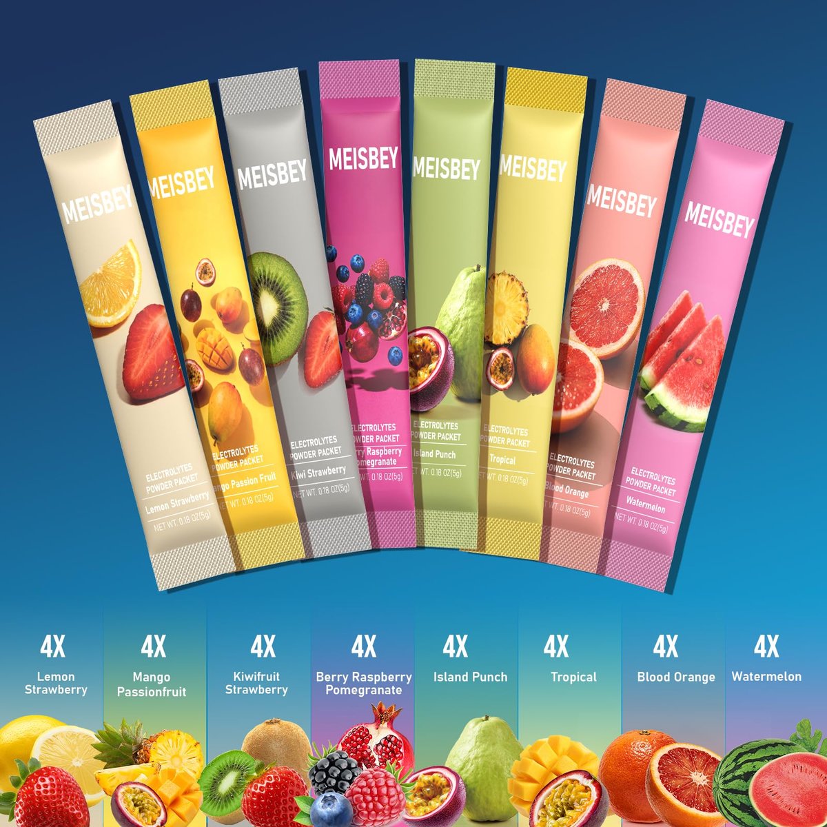 Meisbey Elektrolyt-Pulver-Päckchen – 32 Sticks Zuckerfreie Hydrationspackungen, Flüssiger Täglicher IV Elektrolyt Hydrationsgetränkepulver-Mix mit Vitaminen & Mineralien, Keto-freundlich, Vegan, Nicht-GVO