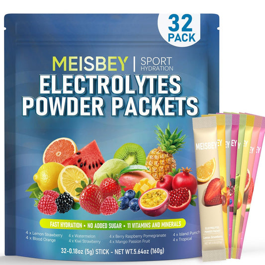 Meisbey Elektrolyt-Pulver-Päckchen – 32 Sticks Zuckerfreie Hydrationspackungen, Flüssiger Täglicher IV Elektrolyt Hydrationsgetränkepulver-Mix mit Vitaminen & Mineralien, Keto-freundlich, Vegan, Nicht-GVO