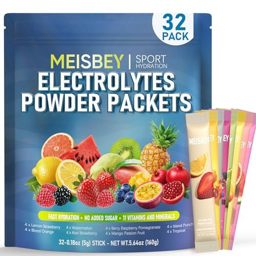 Meisbey Elektrolyt-Pulver-Päckchen – 32 Sticks Zuckerfreie Hydrationspackungen, Flüssiger Täglicher IV Elektrolyt Hydrationsgetränkepulver-Mix mit Vitaminen & Mineralien, Keto-freundlich, Vegan, Nicht-GVO
