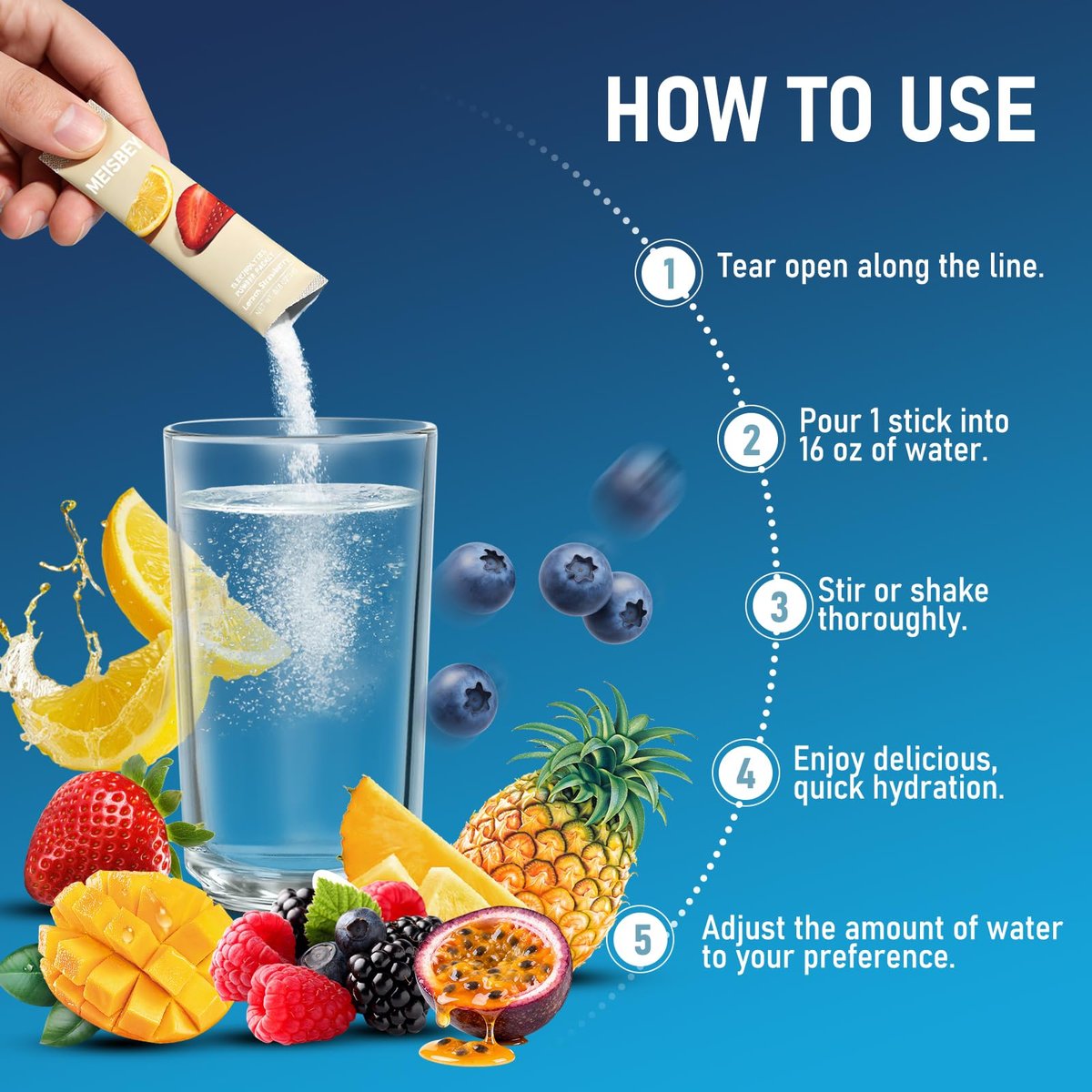 Meisbey Elektrolyt-Pulver-Päckchen – 32 Sticks Zuckerfreie Hydrationspackungen, Flüssiger Täglicher IV Elektrolyt Hydrationsgetränkepulver-Mix mit Vitaminen & Mineralien, Keto-freundlich, Vegan, Nicht-GVO
