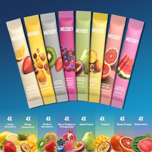 Meisbey Elektrolyt-Pulver-Päckchen – 32 Sticks Zuckerfreie Hydrationspackungen, Flüssiger Täglicher IV Elektrolyt Hydrationsgetränkepulver-Mix mit Vitaminen & Mineralien, Keto-freundlich, Vegan, Nicht-GVO