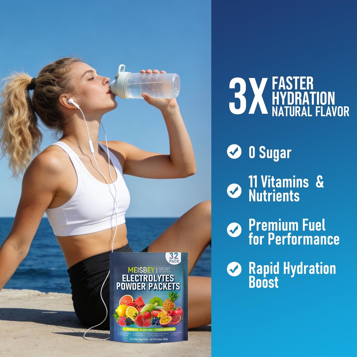 Meisbey Elektrolyt-Pulver-Päckchen – 32 Sticks Zuckerfreie Hydrationspackungen, Flüssiger Täglicher IV Elektrolyt Hydrationsgetränkepulver-Mix mit Vitaminen & Mineralien, Keto-freundlich, Vegan, Nicht-GVO