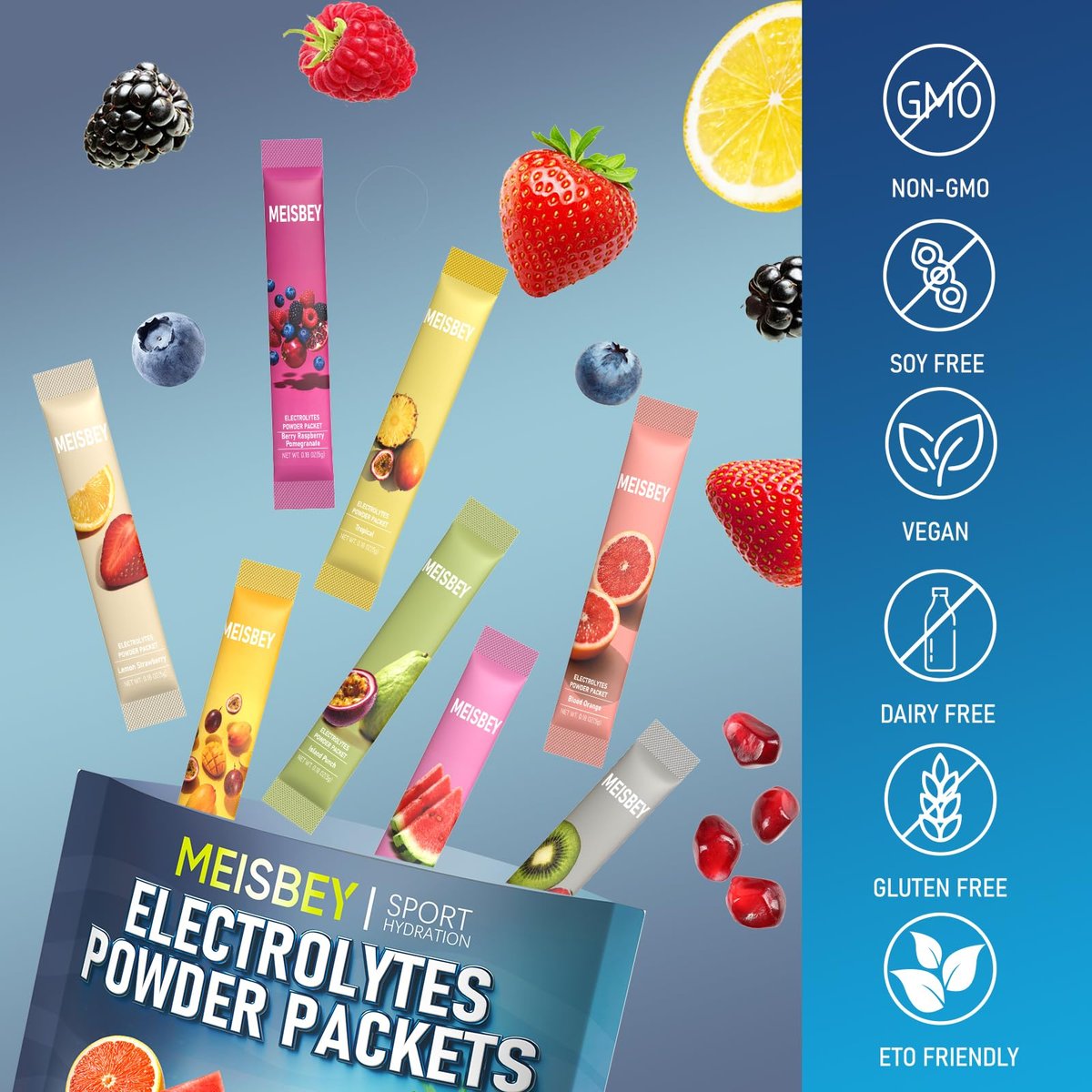 Meisbey Elektrolyt-Pulver-Päckchen – 32 Sticks Zuckerfreie Hydrationspackungen, Flüssiger Täglicher IV Elektrolyt Hydrationsgetränkepulver-Mix mit Vitaminen & Mineralien, Keto-freundlich, Vegan, Nicht-GVO