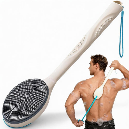 BUBBLEDANCE® Verlängerbarer Silikon-Rückenbürste (17,5" bis 32") – 2-Hand-Griff für 4-fache Kraft, gebogene steife Borsten, rutschfester Langstiel-Duschbürste für tiefen Peeling – Weiß (steife Borsten)