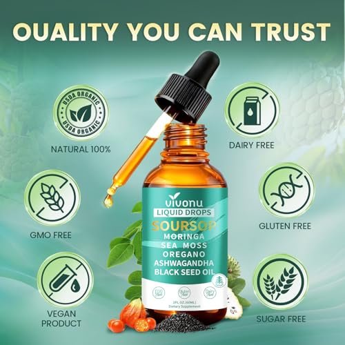 10-in-1 Soursop Bitters Liquid Drops 3000mg – Mit Ashwagandha, Schwarzkümmelöl, Moringa & See Moss für natürliche Antioxidantien, Zellunterstützung und Immunsystem-Boost, reich an Vitamin D & C