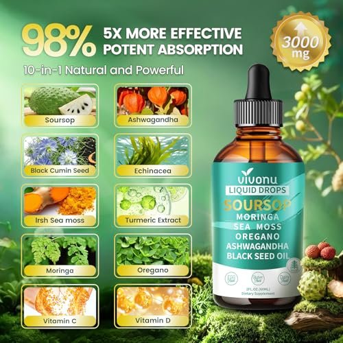 10-in-1 Soursop Bitters Liquid Drops 3000mg – Mit Ashwagandha, Schwarzkümmelöl, Moringa & See Moss für natürliche Antioxidantien, Zellunterstützung und Immunsystem-Boost, reich an Vitamin D & C
