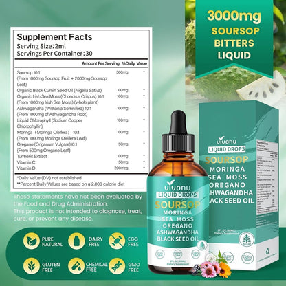 10-in-1 Soursop Bitters Liquid Drops 3000mg – Mit Ashwagandha, Schwarzkümmelöl, Moringa & See Moss für natürliche Antioxidantien, Zellunterstützung und Immunsystem-Boost, reich an Vitamin D & C