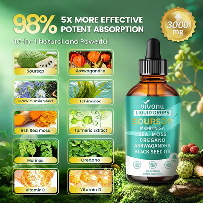 10-in-1 Soursop Bitters Liquid Drops 3000mg – Mit Ashwagandha, Schwarzkümmelöl, Moringa & See Moss für natürliche Antioxidantien, Zellunterstützung und Immunsystem-Boost, reich an Vitamin D & C