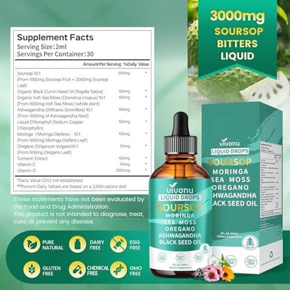10-in-1 Soursop Bitters Liquid Drops 3000mg – Mit Ashwagandha, Schwarzkümmelöl, Moringa & See Moss für natürliche Antioxidantien, Zellunterstützung und Immunsystem-Boost, reich an Vitamin D & C