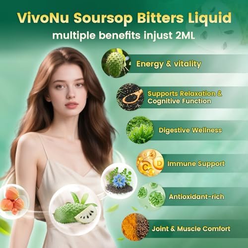 10-in-1 Soursop Bitters Liquid Drops 3000mg – Mit Ashwagandha, Schwarzkümmelöl, Moringa & See Moss für natürliche Antioxidantien, Zellunterstützung und Immunsystem-Boost, reich an Vitamin D & C