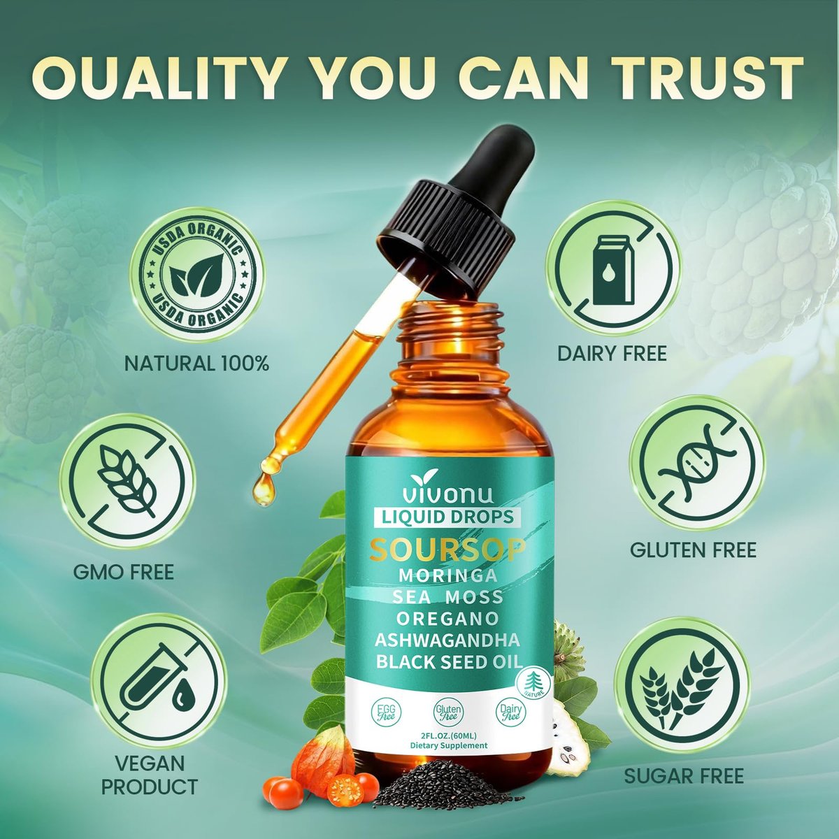 10-in-1 Soursop Bitters Liquid Drops 3000mg – Mit Ashwagandha, Schwarzkümmelöl, Moringa & See Moss für natürliche Antioxidantien, Zellunterstützung und Immunsystem-Boost, reich an Vitamin D & C