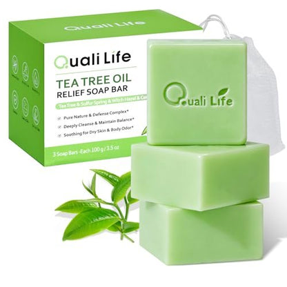 QualiLife Teebaumseife, Teebaumölseife für Gesicht und Körper, Antimykotische Seife mit Teebaumöl, Antibakterielle Seife gegen Pilze, Ringelflechte, Akne, 3er-Pack