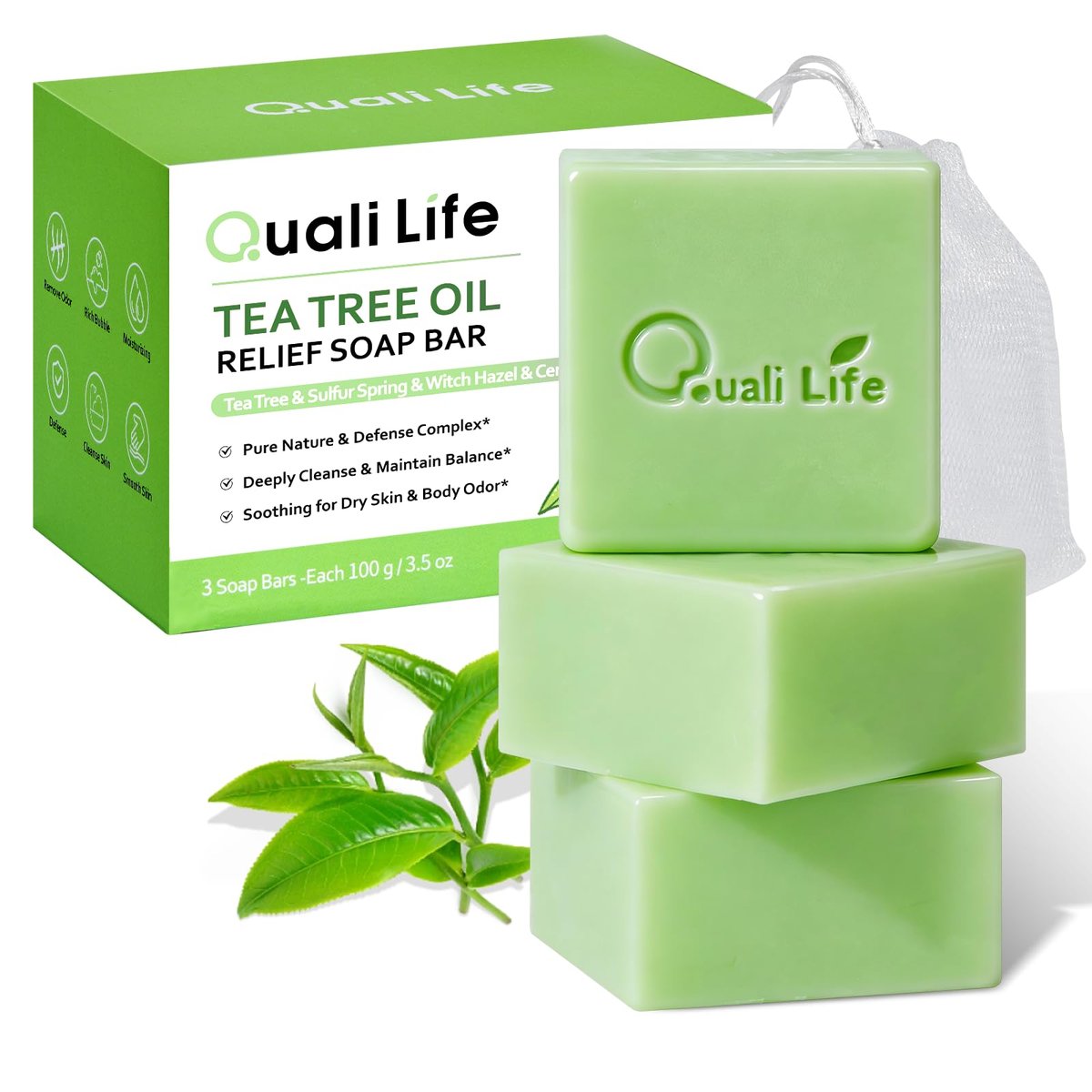 QualiLife Teebaumseife, Teebaumölseife für Gesicht und Körper, Antimykotische Seife mit Teebaumöl, Antibakterielle Seife gegen Pilze, Ringelflechte, Akne, 3er-Pack