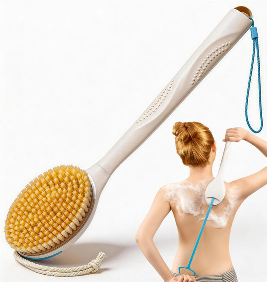 BUBBLEDANCE® Naturborsten-Rückenbürste – 4-fache Peelingkraft, ausziehbarer langer Griff (17,5"/31,9") für Tiefenpeeling & Trockenbürsten – 1,3-fach breiterer Kopf, rutschfeste Duschbürste für Männer & Frauen