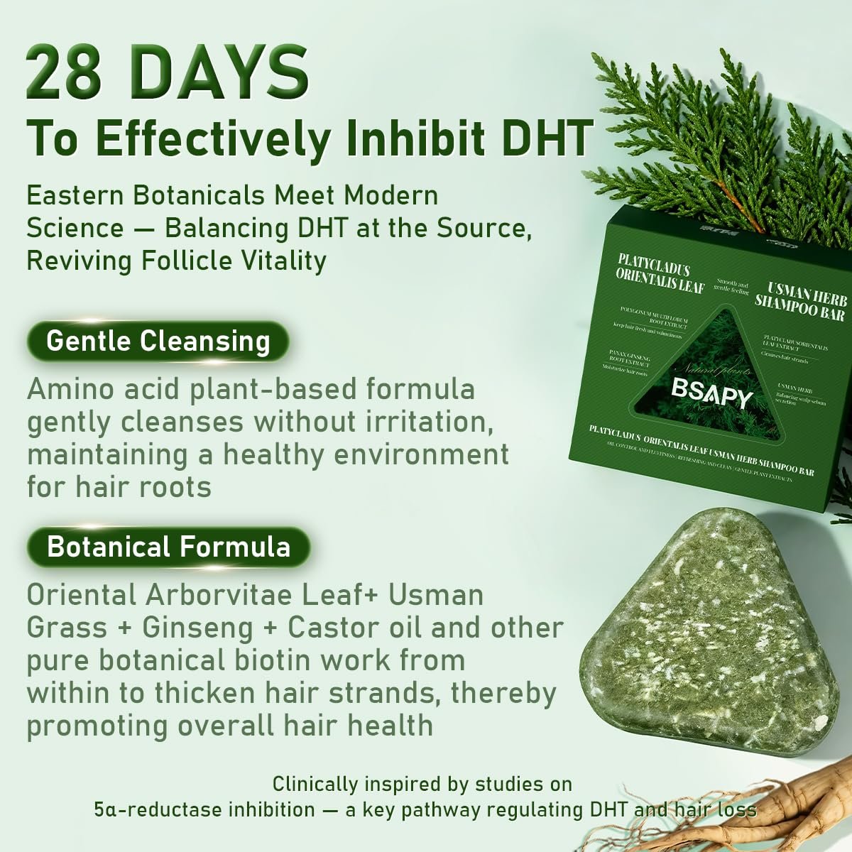 BSAPY Anti-Haarausfall Shampoo Bar – DHT-Blocker mit Polygonum, Ginseng & Teebaumöl, stärkt die Haarwurzeln, reduziert Haarausfall, für dünner werdendes Haar, pflanzliche Haarwuchs-Seife 120g