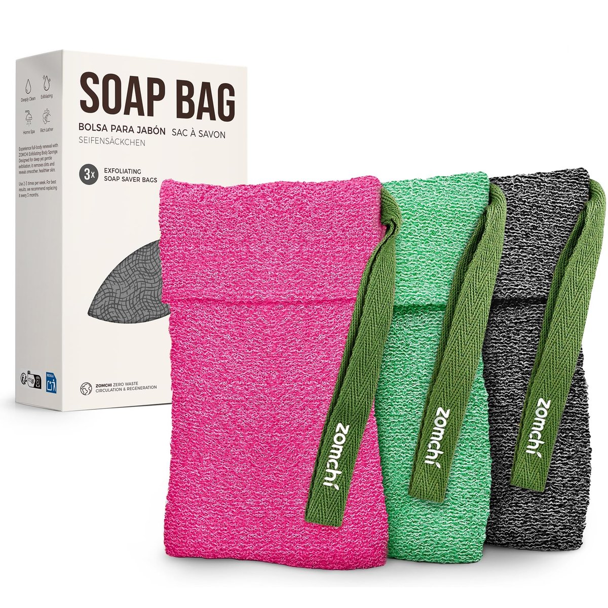 ZOMCHI 3er-Pack Peeling-Seifenbeutel, Körperpeeling-Schwamm, Seifenspender für Seifenstücke, Seifenbeutel für Tiefenpeeling