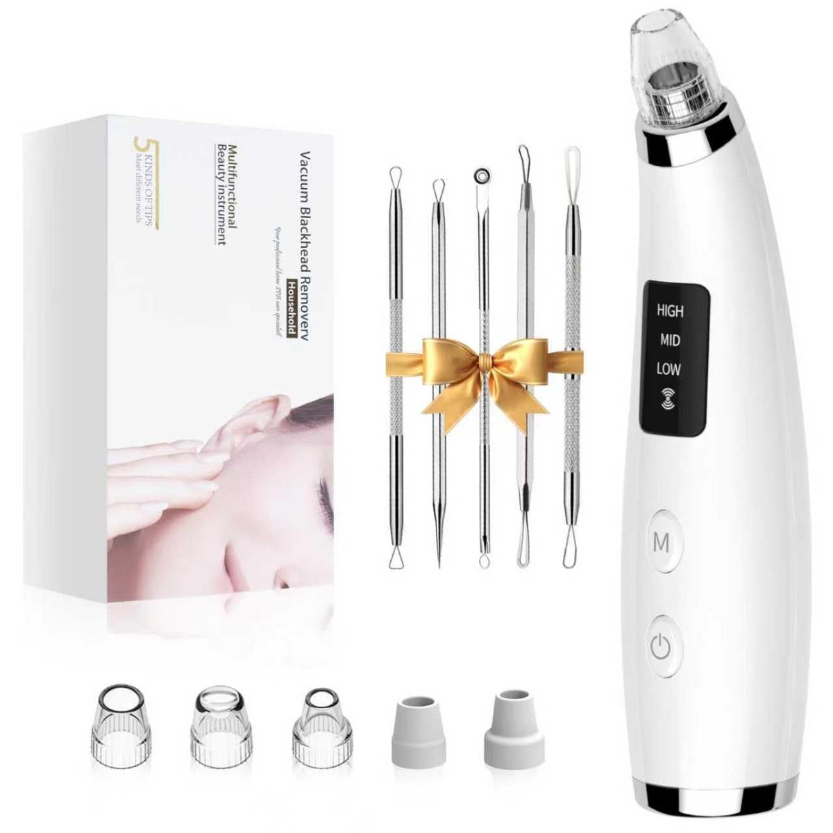 Wiederaufladbarer Blackhead Vacuum Porenreiniger – 5 Aufsätze & 3 Saugstufen für Tiefenreinigung, USB-betriebener Mitesserentferner für Damen und Herren (Weiß)
