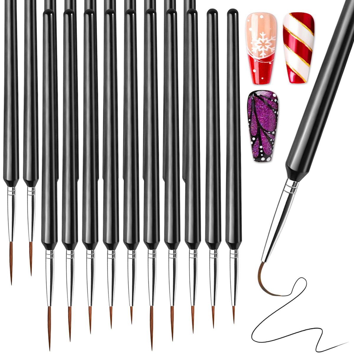 FANDAMEI 20-teiliges Nagelkunst-Pinselset: Dünne Linierpinsel für lange Linien, 7/9/11/15/20mm, Schwarz