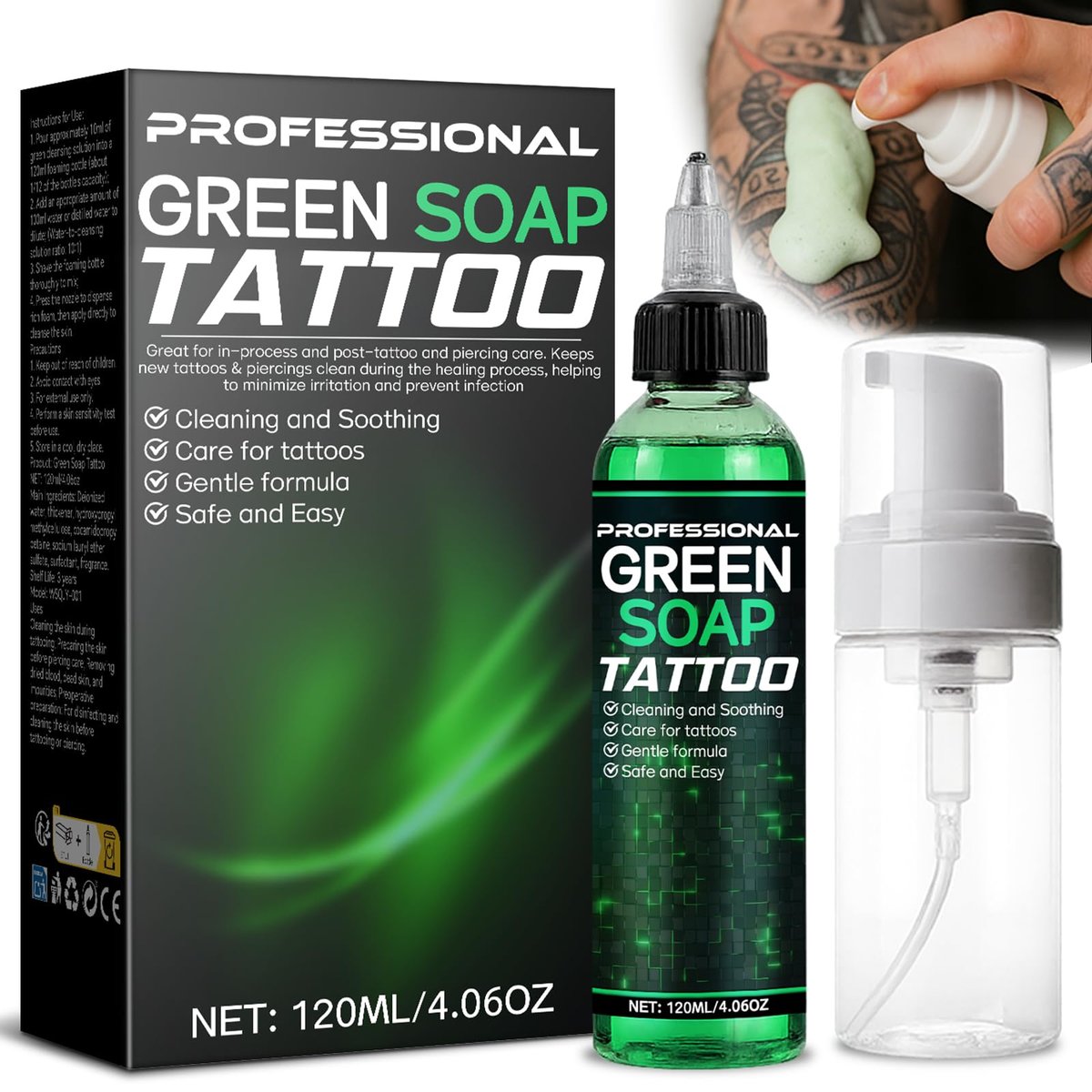 Vereclue Green Soap Tattoo (4OZ) - Konzentrierte Tattoo-Seife mit Schaumflasche 120ml, Reinigungsmittel für Tattoos und Piercings, Hautreinigung