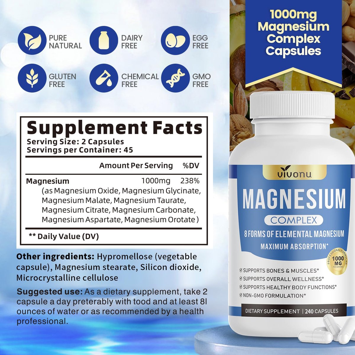 1000mg Magnesium Komplex für Frauen & Männer* – 8 elementare Magnesiumformen (Glycinat, Citrat, Malat, Taurat, Oxid, Carbonat, Aspartat, Orotat) für Knochen, Muskeln, Erholung, Energie – vegan, 90 Kapseln