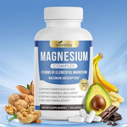 1000mg Magnesium Komplex für Frauen & Männer* – 8 elementare Magnesiumformen (Glycinat, Citrat, Malat, Taurat, Oxid, Carbonat, Aspartat, Orotat) für Knochen, Muskeln, Erholung, Energie – vegan, 90 Kapseln