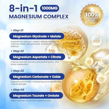 1000mg Magnesium Komplex für Frauen & Männer* – 8 elementare Magnesiumformen (Glycinat, Citrat, Malat, Taurat, Oxid, Carbonat, Aspartat, Orotat) für Knochen, Muskeln, Erholung, Energie – vegan, 90 Kapseln
