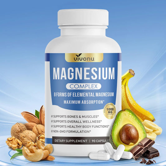 1000mg Magnesium Komplex für Frauen & Männer* – 8 elementare Magnesiumformen (Glycinat, Citrat, Malat, Taurat, Oxid, Carbonat, Aspartat, Orotat) für Knochen, Muskeln, Erholung, Energie – vegan, 90 Kapseln