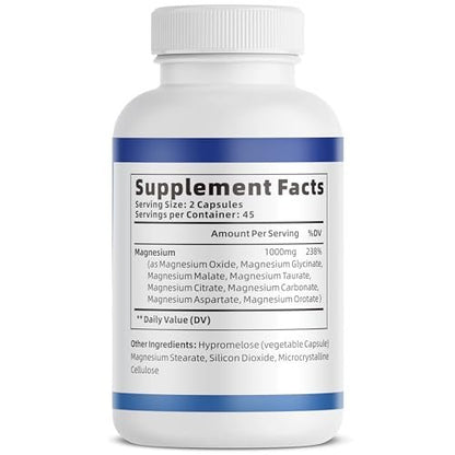 1000mg Magnesium Komplex für Frauen & Männer* – 8 elementare Magnesiumformen (Glycinat, Citrat, Malat, Taurat, Oxid, Carbonat, Aspartat, Orotat) für Knochen, Muskeln, Erholung, Energie – vegan, 90 Kapseln