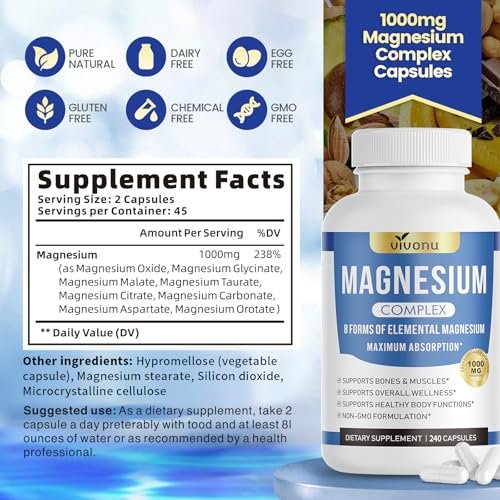 1000mg Magnesium Komplex für Frauen & Männer* – 8 elementare Magnesiumformen (Glycinat, Citrat, Malat, Taurat, Oxid, Carbonat, Aspartat, Orotat) für Knochen, Muskeln, Erholung, Energie – vegan, 90 Kapseln