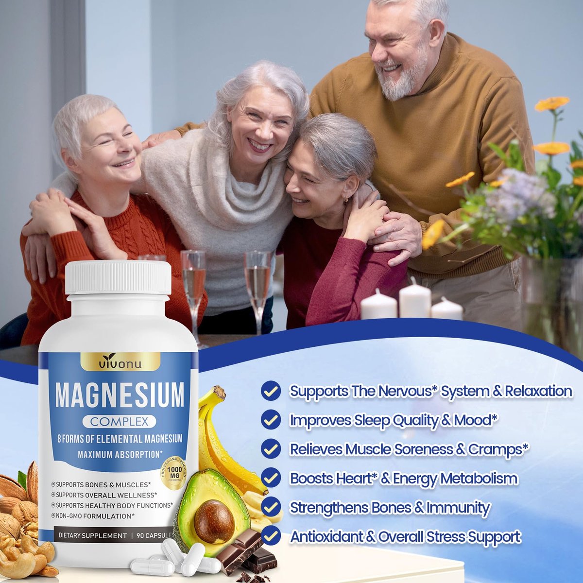 1000mg Magnesium Komplex für Frauen & Männer* – 8 elementare Magnesiumformen (Glycinat, Citrat, Malat, Taurat, Oxid, Carbonat, Aspartat, Orotat) für Knochen, Muskeln, Erholung, Energie – vegan, 90 Kapseln