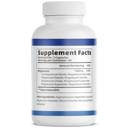 1000mg Magnesium Komplex für Frauen & Männer* – 8 elementare Magnesiumformen (Glycinat, Citrat, Malat, Taurat, Oxid, Carbonat, Aspartat, Orotat) für Knochen, Muskeln, Erholung, Energie – vegan, 90 Kapseln