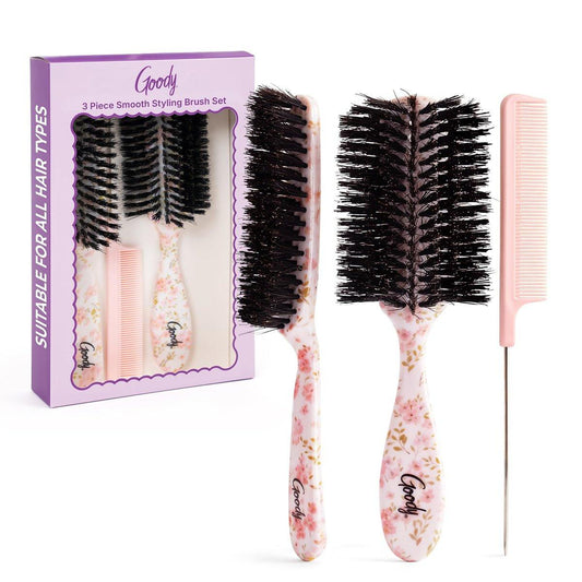 Goody 3-teiliges Styling-Haarbürsten-Set mit Blumenmuster – Glanzbürste, Volumenbürste und Rattenschwanzkamm für alle Haartypen