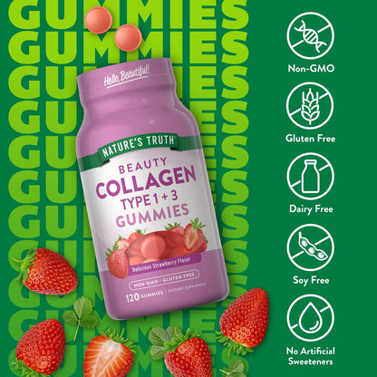 Nature's Truth Kollagen-Peptid-Gummis für Frauen | 120 Stück | Typ 1 und 3 | Erdbeergeschmack | Nicht-GVO & glutenfrei